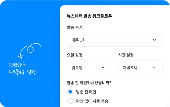 시간 설정을 통해 자동 발송, 컨펌 과정으로 안전한 뉴스레터 운영